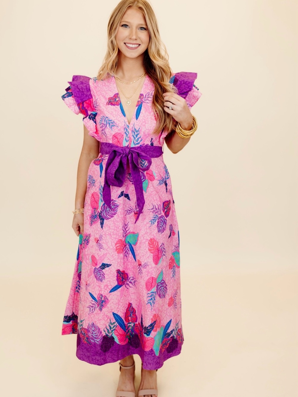 CELINA MOON Pink Floral Midi Dress with Purple Accents
